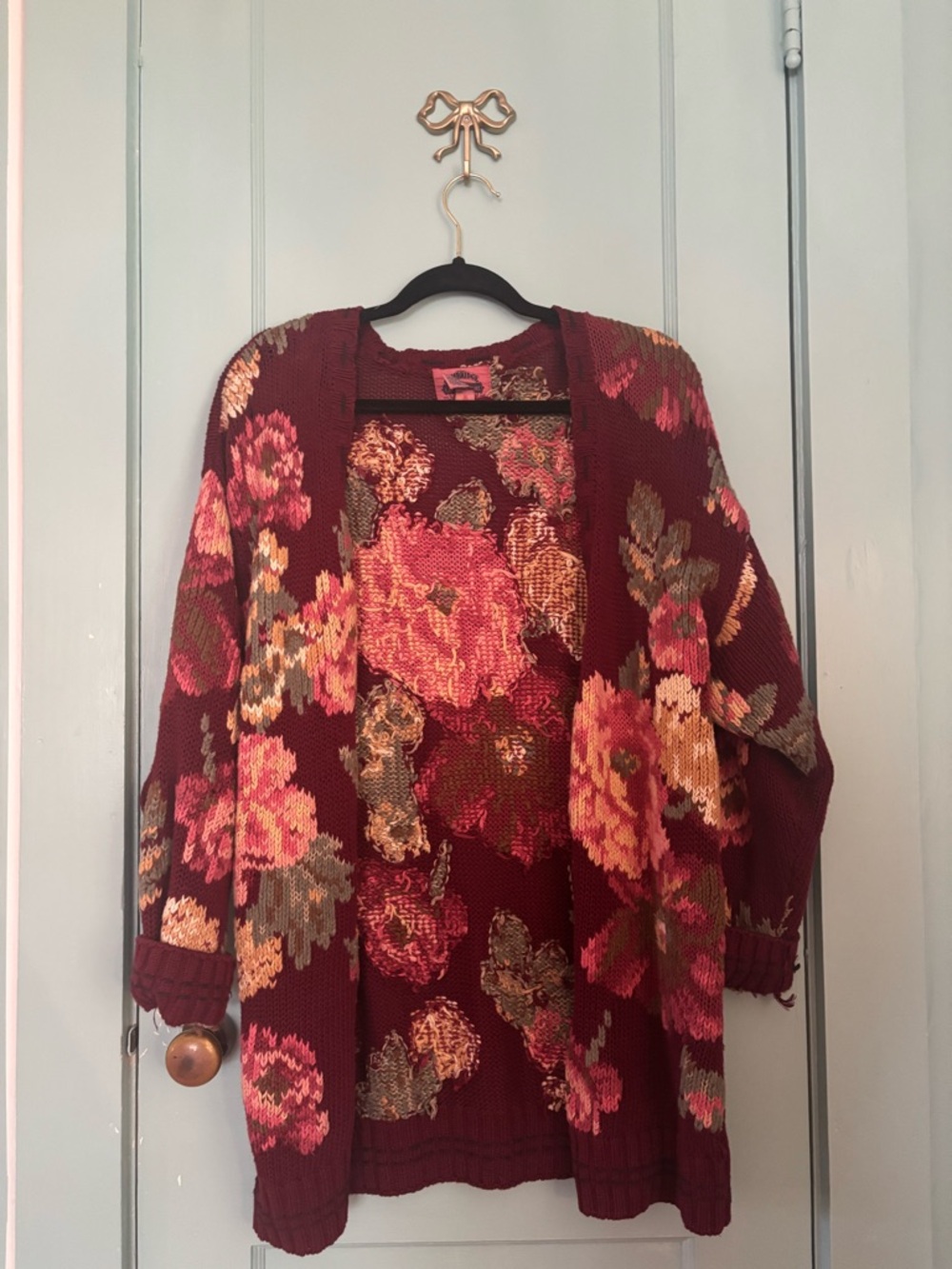 Maroon Floral Open-Front Women's Cardigan Sweater